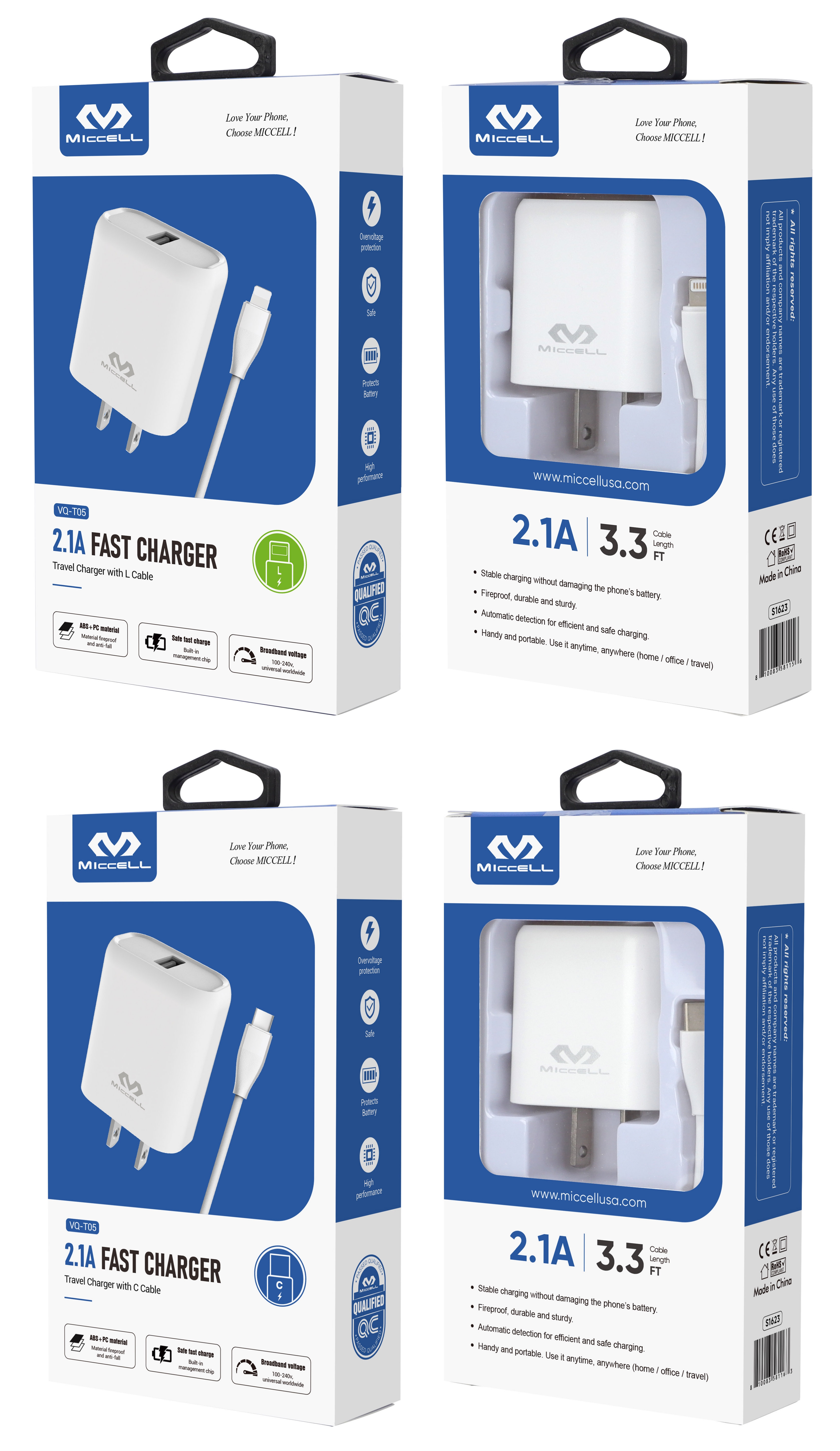 S1623 Miccell Single Port Wall Charger (VQ-T05) with 3.3ft (VQ-D03) Cable Box Pack